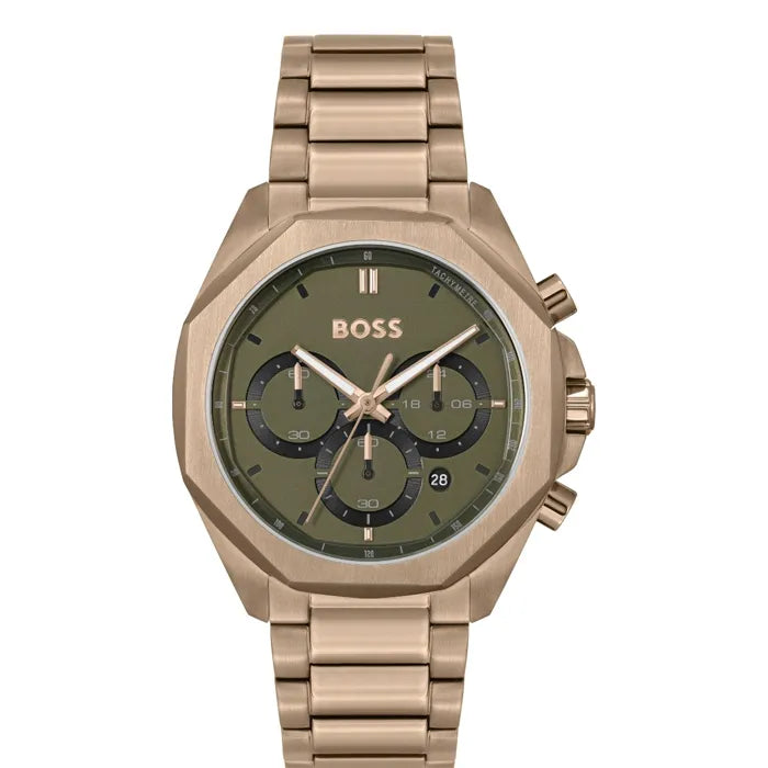 Hugo Boss Classic Chronograph Olive Green Dial Beige Gold Steel Strap Watch For Men - 1514019