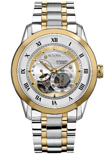 Shop Authentic Bulova BVA Skeleton Silver Dial Two Tone Steel Strap Watch for Men - 98A123 - Luxxuri