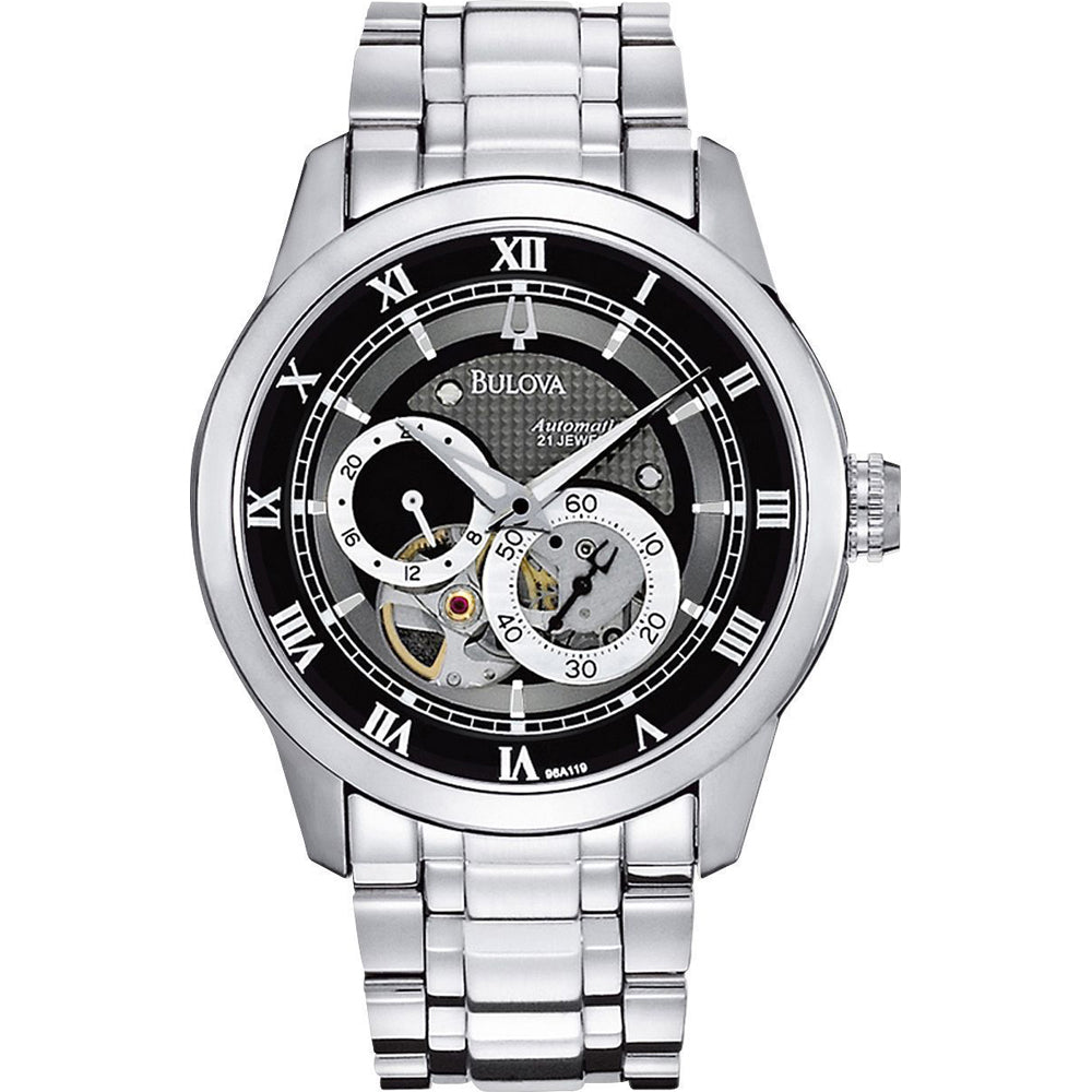 Shop Authentic Bulova BVA Dual Aperture Black Dial Silver Steel Strap Watch for Men - 96A119 - Luxxuri