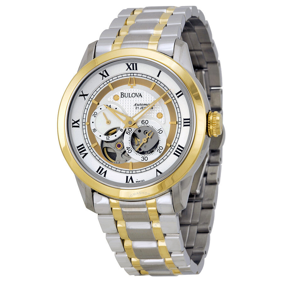 Shop Authentic Bulova BVA Skeleton Silver Dial Two Tone Steel Strap Watch for Men - 98A123 - Luxxuri