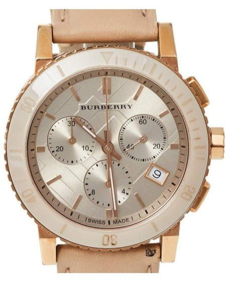 Shop Authentic Burberry Chronograph Rose Gold Dial Beige Leather Strap Watch for Women - BU9704 - Luxxuri