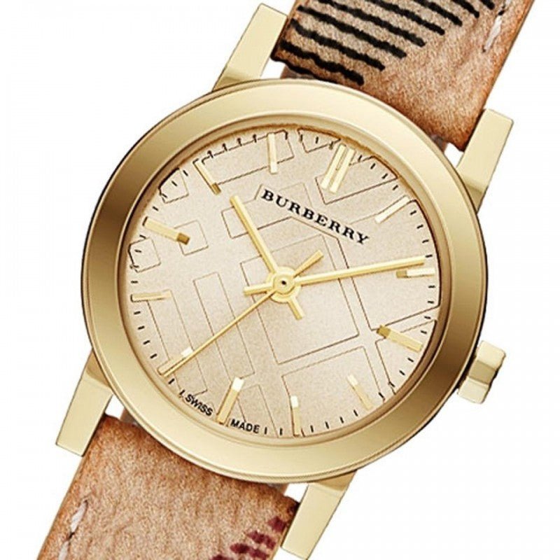 Shop Authentic Burberry The City Gold Dial Haymarket Brown Leather Strap Watch for Women - BU9219 - Luxxuri