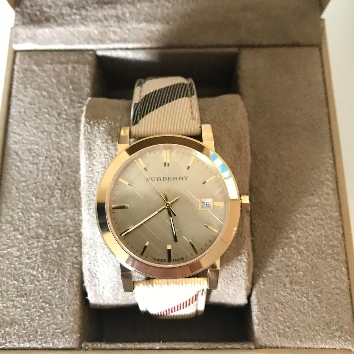 Shop Authentic Burberry The City Gold Dial Haymarket Brown Leather Strap Watch for Women - BU9026 - Luxxuri