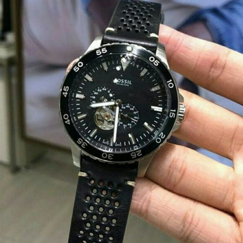 Shop Authentic Fossil Crewmaster Sports Automatic Black Dial Black Leather Strap Watch for Men - ME3148 - Luxxuri
