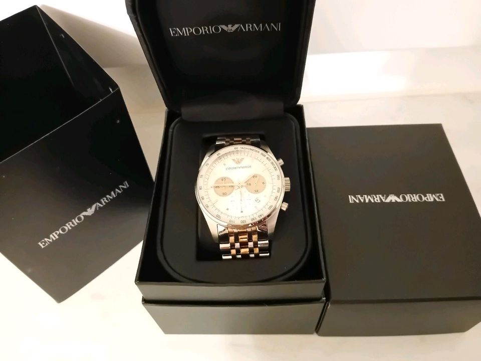 Shop Authentic Emporio Armani Sportivo Chronograph Silver Dial Two Tone Steel Strap Watch For Men - AR5999 - Luxxuri