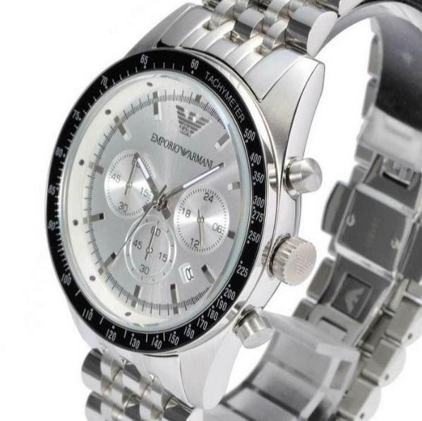 Shop Authentic Emporio Armani Sportivo Chronograph Silver Dial Silver Steel Strap Watch For Men - AR6073 - Luxxuri