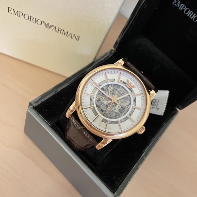 Shop Authentic Emporio Armani Meccanico Silver Skeleton Dial Brown Leather Strap Watch For Men - AR1983 - Luxxuri