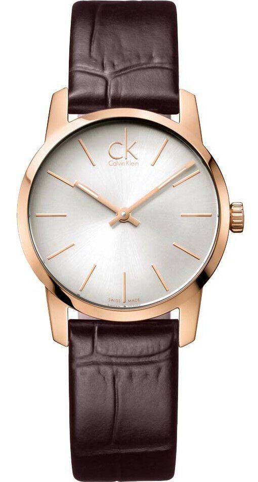 Shop Authentic Calvin Klein City White & Gold Dial Brown Leather Strap Watch For Women - K2G23620 - Luxxuri