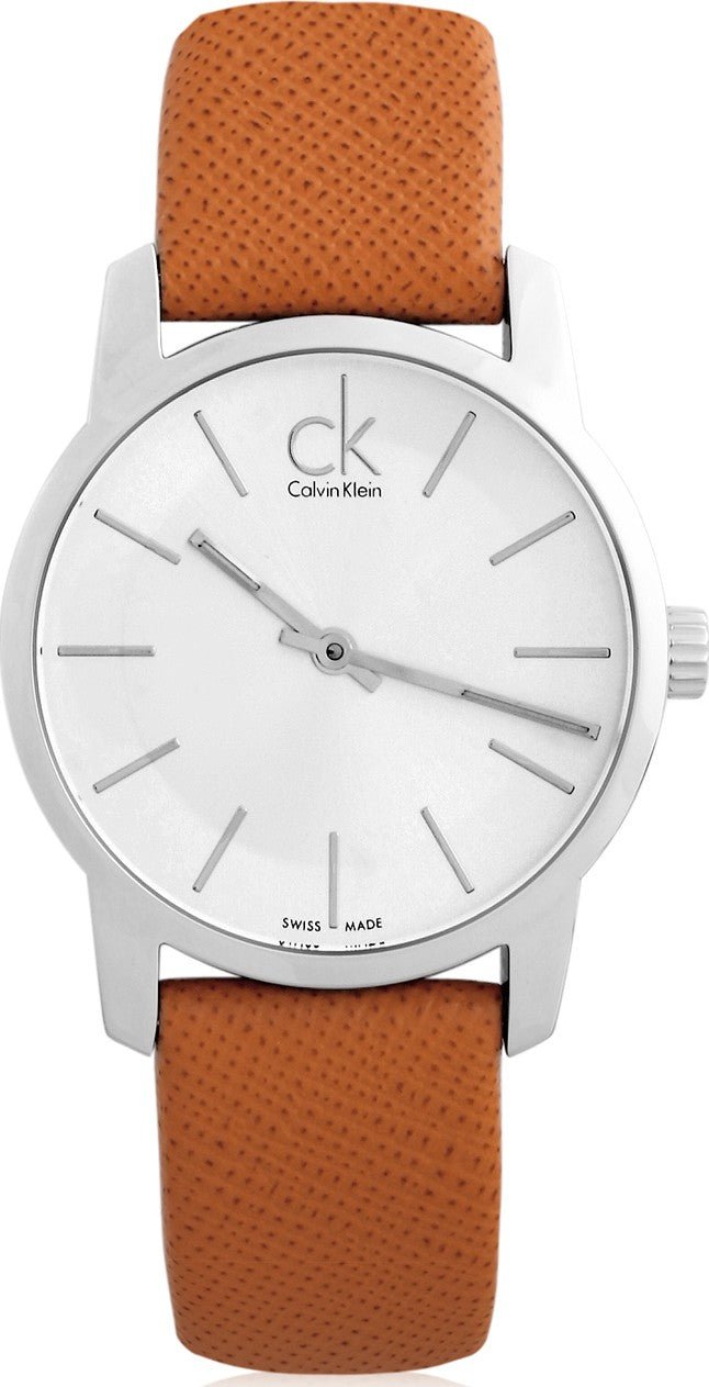 Shop Authentic Calvin Klein City Silver Dial Light Brown Leather Strap Watch For Women- K2G23120 - Luxxuri