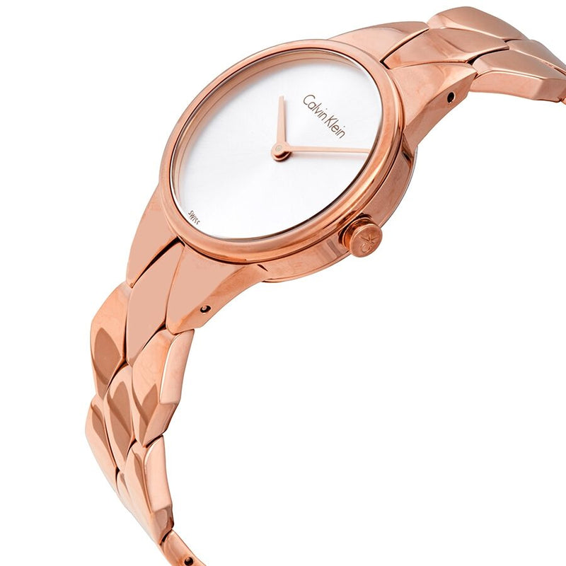 Shop Authentic Calvin Klein Snake Silver Dial Rose Gold Steel Strap Watch For Women - K6E23646 - Luxxuri
