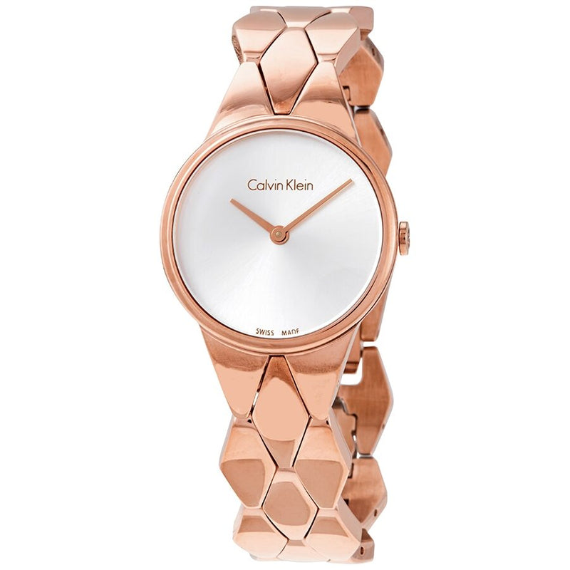 Shop Authentic Calvin Klein Snake Silver Dial Rose Gold Steel Strap Watch For Women - K6E23646 - Luxxuri