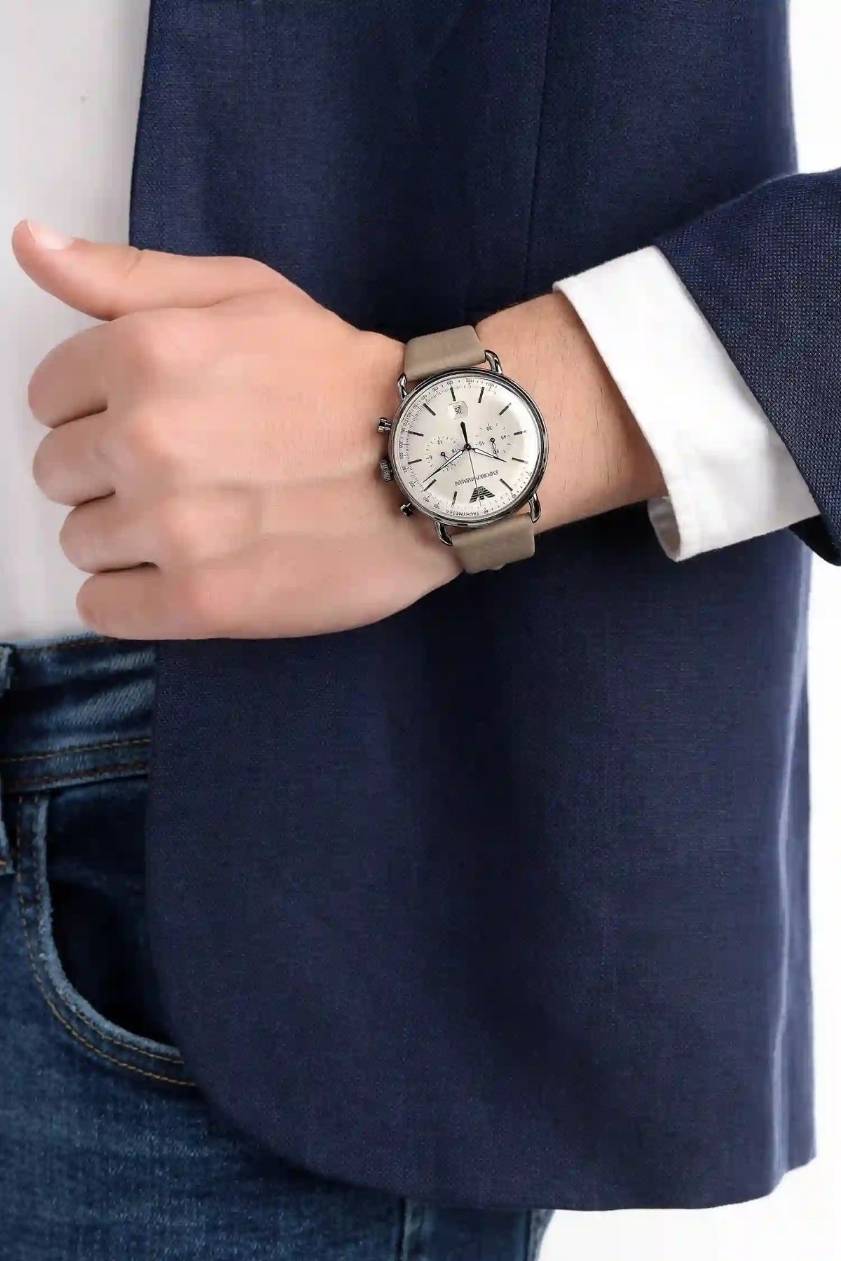 Shop Authentic Emporio Armani Aviator Chronograph Quartz Grey Dial Beige Leather Strap Watch For Men - AR11107 - Luxxuri