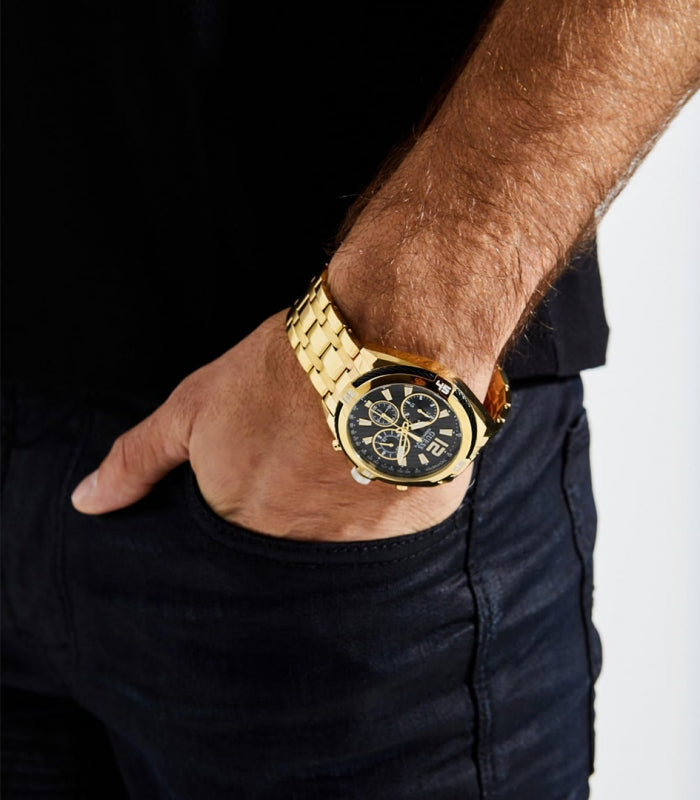Guess Surge Chronograph Black Dial Gold Steel Strap Watch for Men - W1258G2