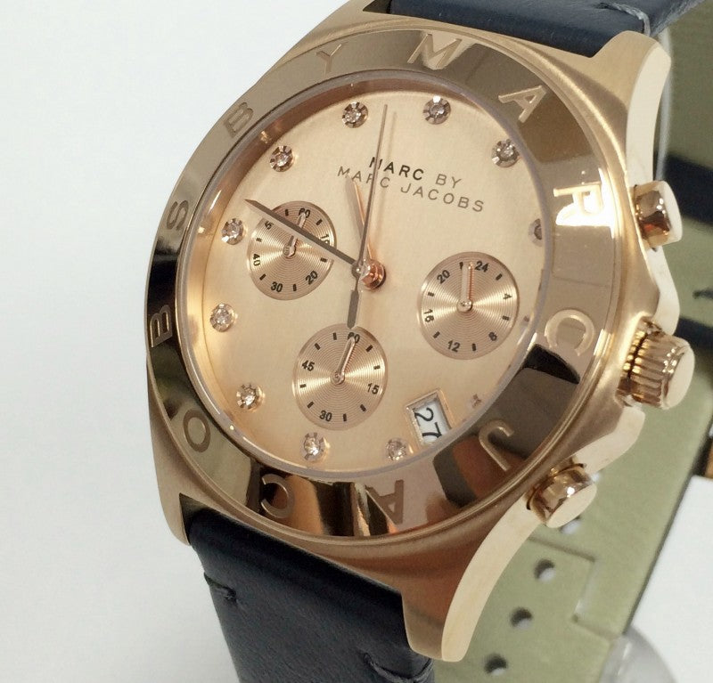 Shop Authentic Marc Jacobs Blade Chronograph Rose Gold Dial Black Leather Strap Watch for Women - MBM1188 - Luxxuri
