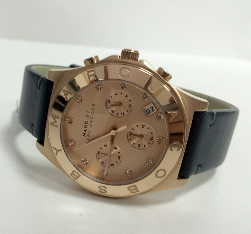Shop Authentic Marc Jacobs Blade Chronograph Rose Gold Dial Black Leather Strap Watch for Women - MBM1188 - Luxxuri