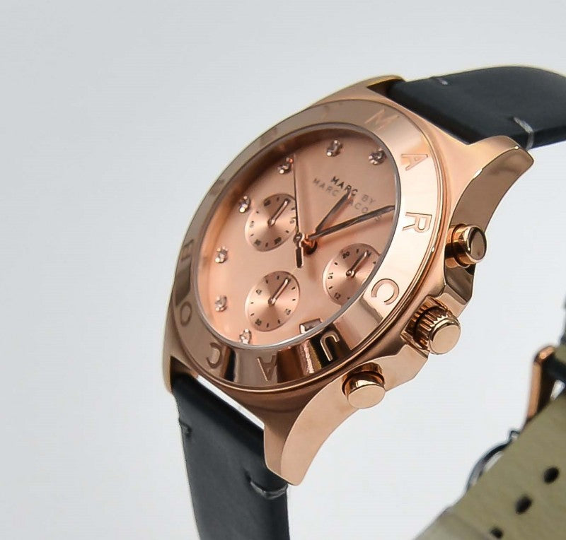 Shop Authentic Marc Jacobs Blade Chronograph Rose Gold Dial Black Leather Strap Watch for Women - MBM1188 - Luxxuri