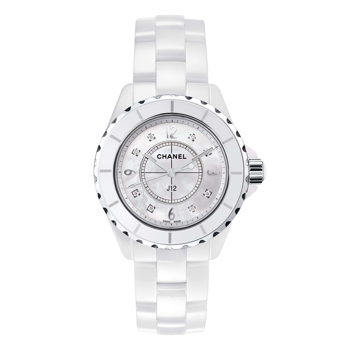 Shop Authentic Chanel J12 Diamonds Quartz Ceramic White Dial White Steel Strap Watch for Women - J12 H2422 - Luxxuri