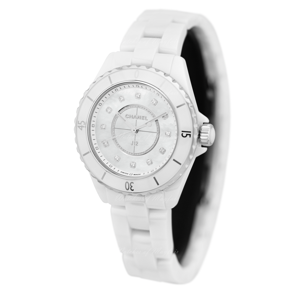 Shop Authentic Chanel J12 Diamonds Mother of Pearl White Dial White Steel Strap Watch for Women - J12 H5704 - Luxxuri