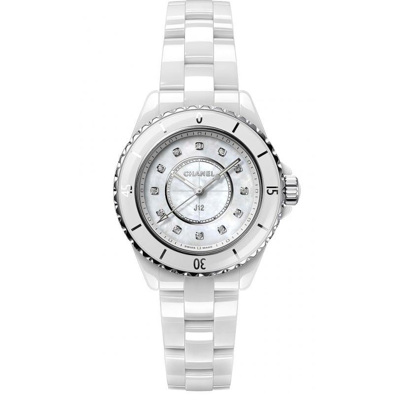 Shop Authentic Chanel J12 Diamonds Mother of Pearl White Dial White Steel Strap Watch for Women - J12 H5704 - Luxxuri