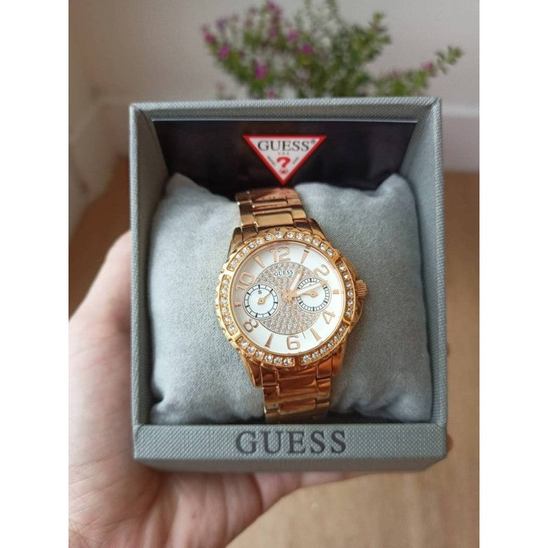 Shop Authentic Guess Sassy Quartz White Dial Rose Gold Steel Strap Watch For Women - W0705L3 - Luxxuri