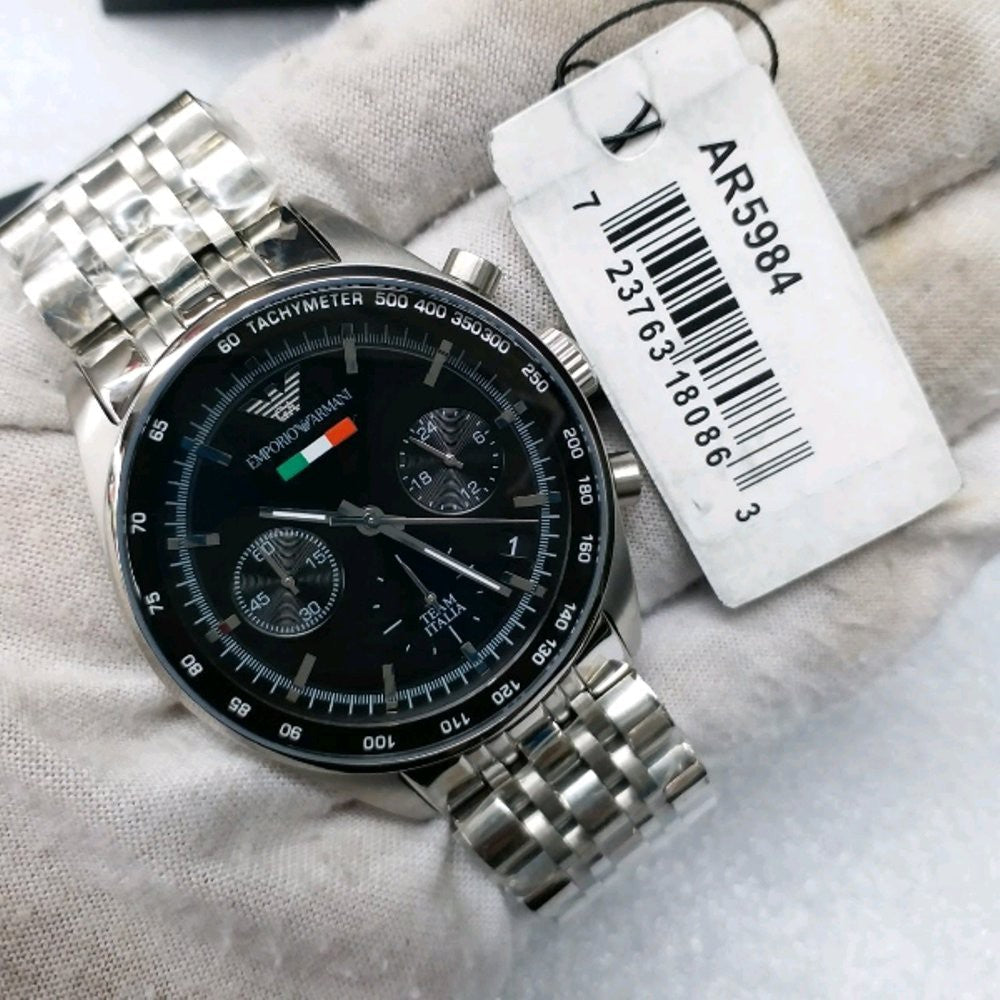 Shop Authentic Emporio Armani Sportivo Chronograph Black Dial Silver Steel Strap Watch For Men - AR5984 - Luxxuri