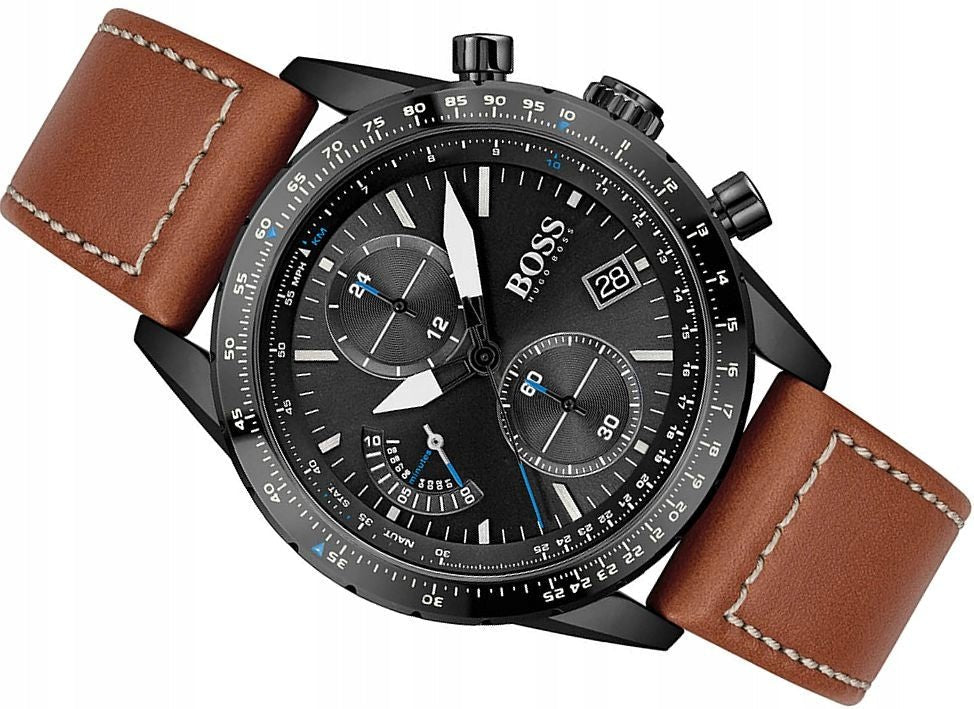 Hugo Boss Pilot Chronograph Black Dial Brown Leather Strap Watch for Men - 1513851