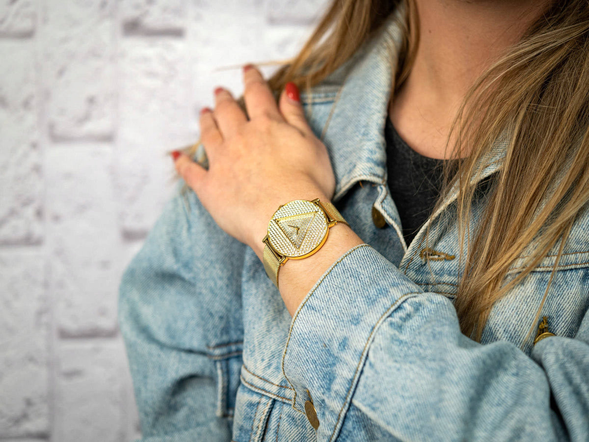 Guess Iconic Diamonds Gold Dial Gold Mesh Bracelet Watch For Women - GW0477L2