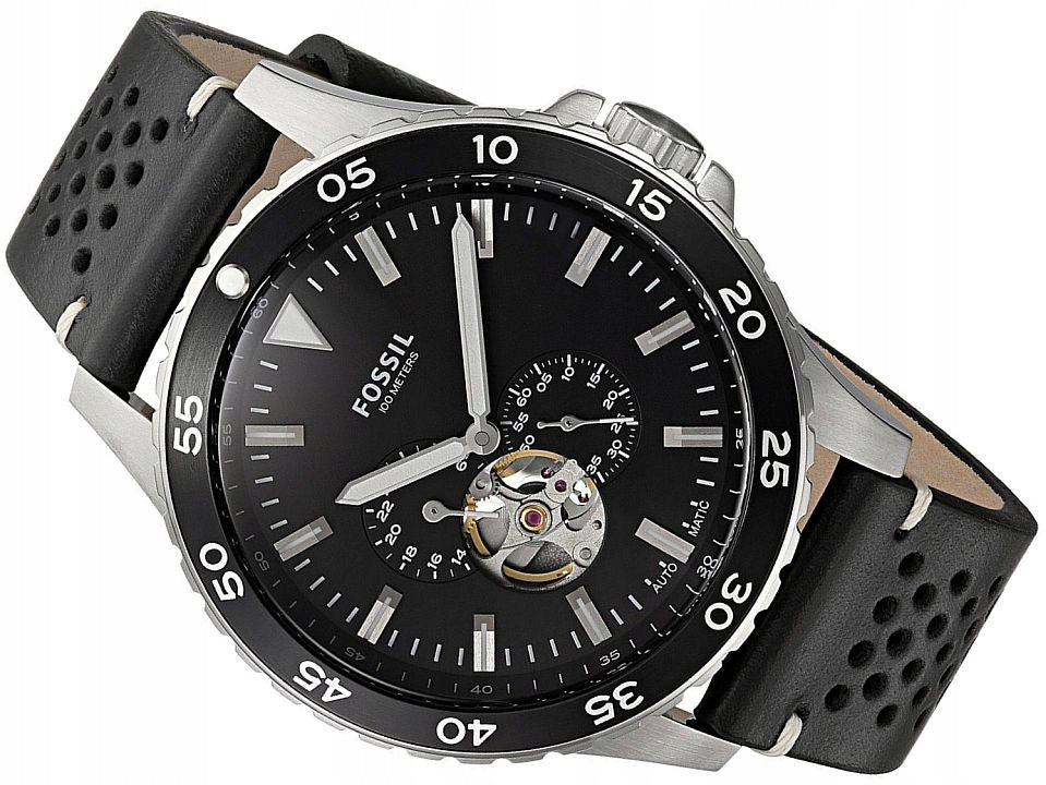 Shop Authentic Fossil Crewmaster Sports Automatic Black Dial Black Leather Strap Watch for Men - ME3148 - Luxxuri