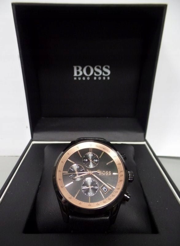 Shop Authentic Hugo Boss Grand Prix Chronograph Black Dial Black Leather Strap Watch for Men - 1513550 - Luxxuri