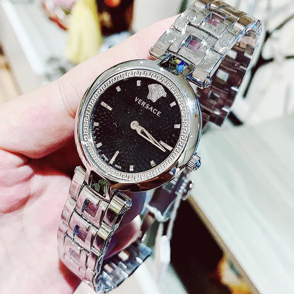 Versace Crystal Gleam Guilloche Black Dial Silver Steel Strap Watch for Women - VAN030016