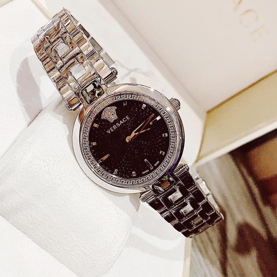 Versace Crystal Gleam Guilloche Black Dial Silver Steel Strap Watch for Women - VAN030016