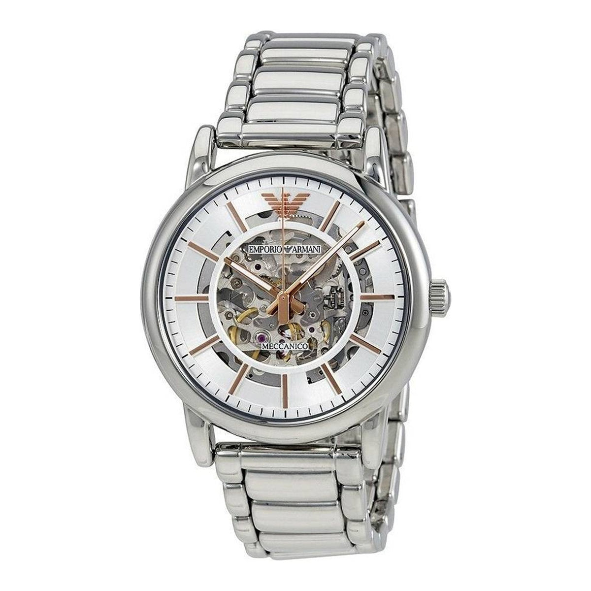 Shop Authentic Emporio Armani Meccanico Skeleton Silver Dial Silver Steel Strap Watch For Men - AR1980 - Luxxuri