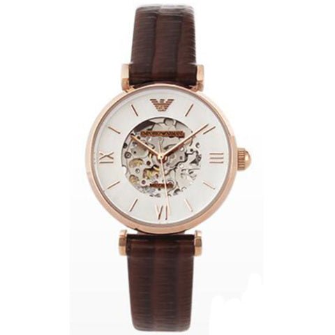 Shop Authentic Emporio Armani Meccanico Skeleton Mother of Pearl Dial Brown Leather Strap Watch For Women - AR1993 - Luxxuri