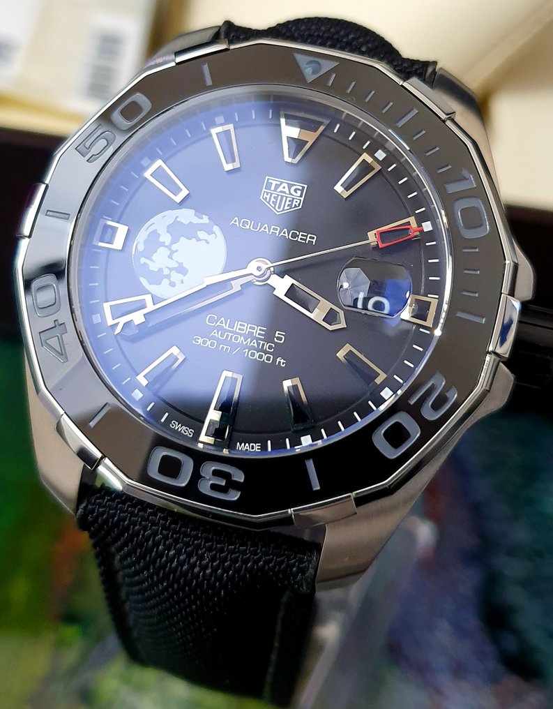 Shop Authentic Tag Heuer Aquaracer Calibre 5 Moon Black Dial Black Nylon Strap Watch for Men - WAY201J.FC6370 - Luxxuri
