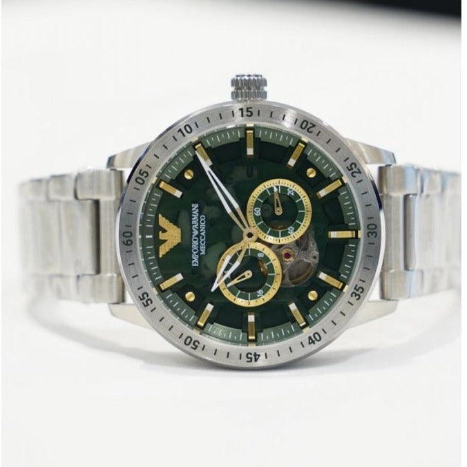 Emporio Armani Meccanico Automatic Green Dial Silver Steel Strap Watch For Men - AR60053