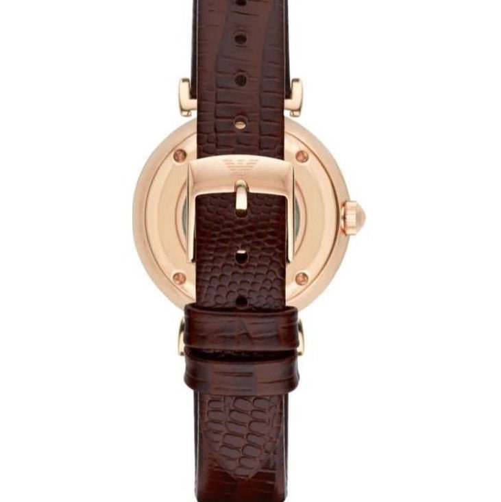 Shop Authentic Emporio Armani Meccanico Skeleton Mother of Pearl Dial Brown Leather Strap Watch For Women - AR1993 - Luxxuri