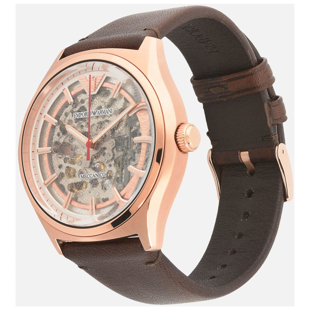 Shop Authentic Emporio Armani Meccanico White Skeleton Dial Brown Leather Strap Watch For Men - AR60005 - Luxxuri