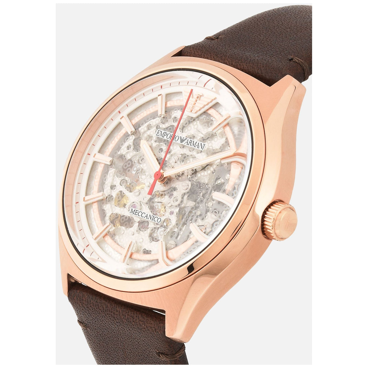 Shop Authentic Emporio Armani Meccanico White Skeleton Dial Brown Leather Strap Watch For Men - AR60005 - Luxxuri