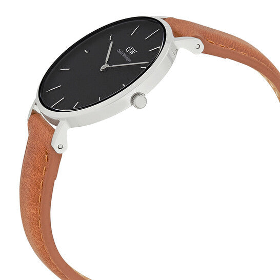 Shop Authentic Daniel Wellington Petite Sterling Black Dial Brown Leather Strap Watch For Women - DW00100178 - Luxxuri