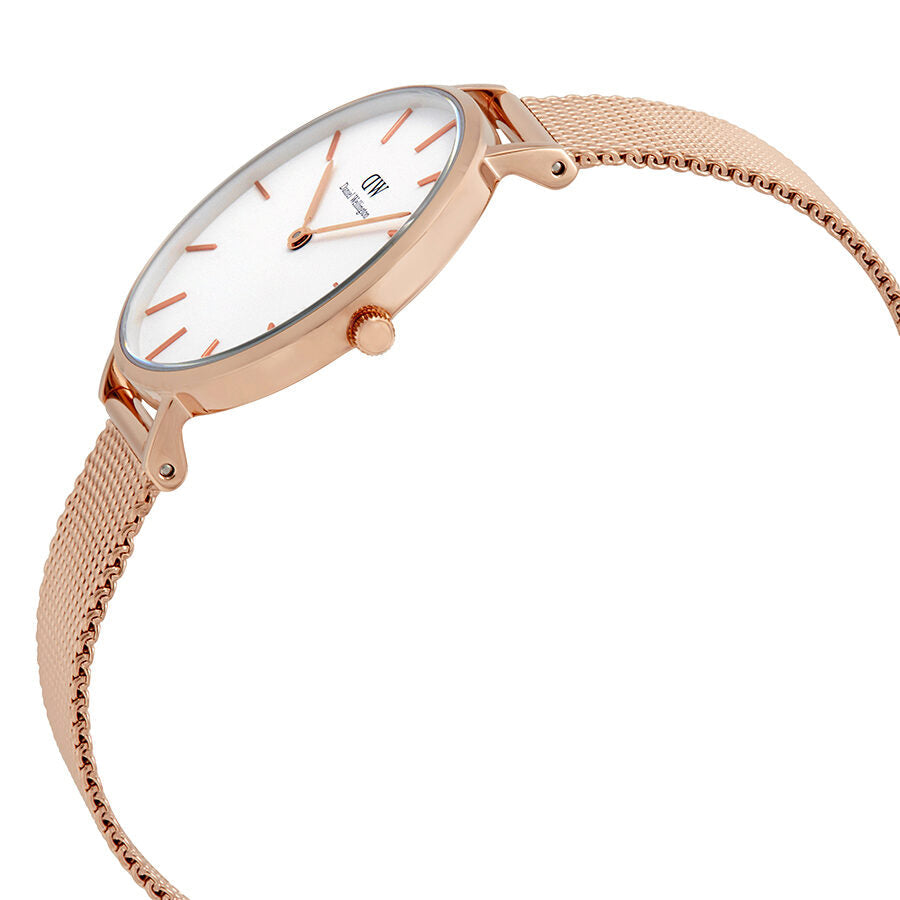 Shop Authentic Daniel Wellington Classic Petite Melrose White Dial Rose Gold Mesh Bracelet Watch For Women - DW00100163 - Luxxuri