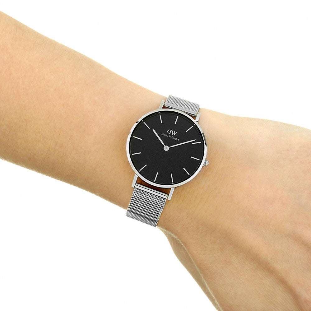 Shop Authentic Daniel Wellington Classic Petite Sterling Black Dial Silver Mesh Bracelet Watch For Women - DW00100162 - Luxxuri