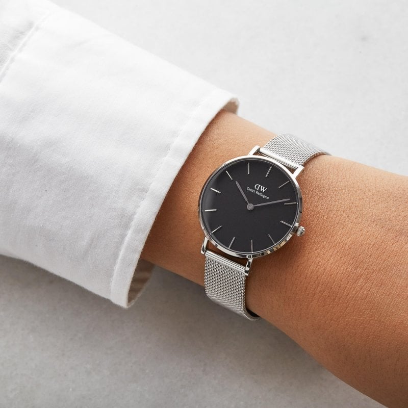 Shop Authentic Daniel Wellington Classic Petite Sterling Black Dial Silver Mesh Bracelet Watch For Women - DW00100162 - Luxxuri