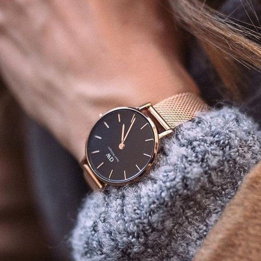 Shop Authentic Daniel Wellington Petite Evergold Black Dial Gold Mesh Strap Watch For Women - DW00100345 - Luxxuri