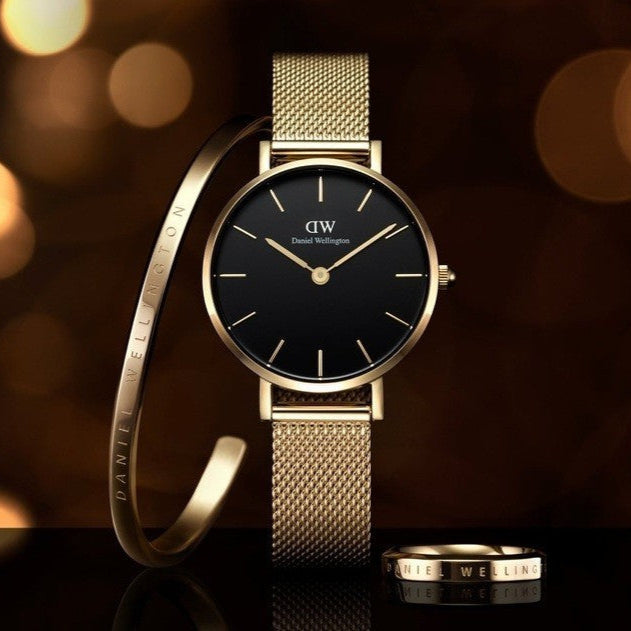 Shop Authentic Daniel Wellington Petite Evergold Black Dial Gold Mesh Strap Watch For Women - DW00100345 - Luxxuri
