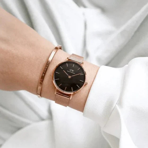 Shop Authentic Daniel Wellington Petite Melrose Black Dial Rose Gold Mesh Strap Watch For Women - DW00100303 - Luxxuri