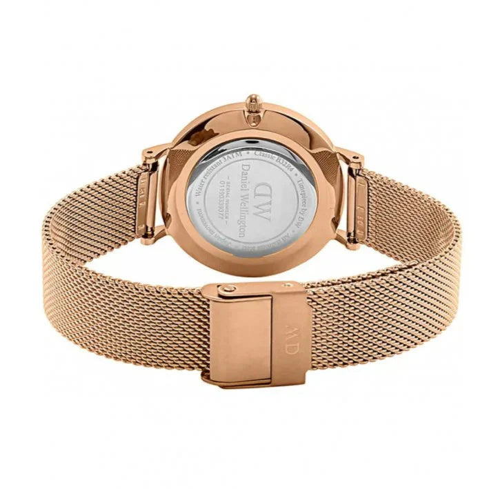 Shop Authentic Daniel Wellington Petite Melrose Black Dial Rose Gold Mesh Strap Watch For Women - DW00100303 - Luxxuri