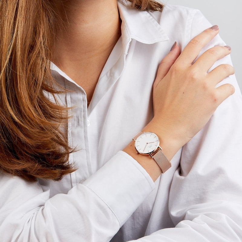 Shop Authentic Daniel Wellington Classic Petite Melrose White Dial Rose Gold Mesh Bracelet Watch For Women - DW00100163 - Luxxuri