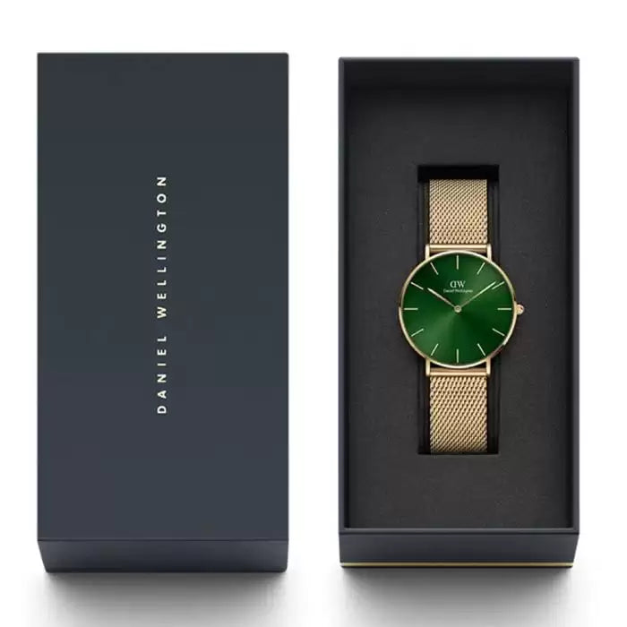 Shop Authentic Daniel Wellington Petite Emerald Green Dial Gold Mesh Strap Watch For Women - DW00100481 - Luxxuri