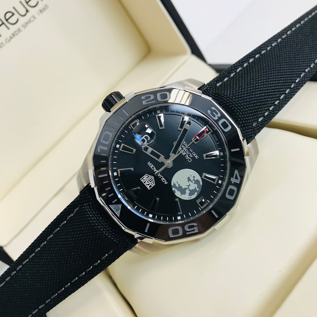 Shop Authentic Tag Heuer Aquaracer Calibre 5 Moon Black Dial Black Nylon Strap Watch for Men - WAY201J.FC6370 - Luxxuri