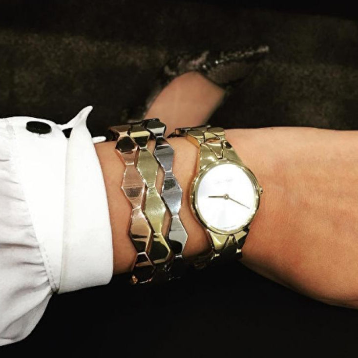 Shop Authentic Calvin Klein Snake Silver Dial Yellow Gold Steel Strap Watch For Women - K6E23546 - Luxxuri